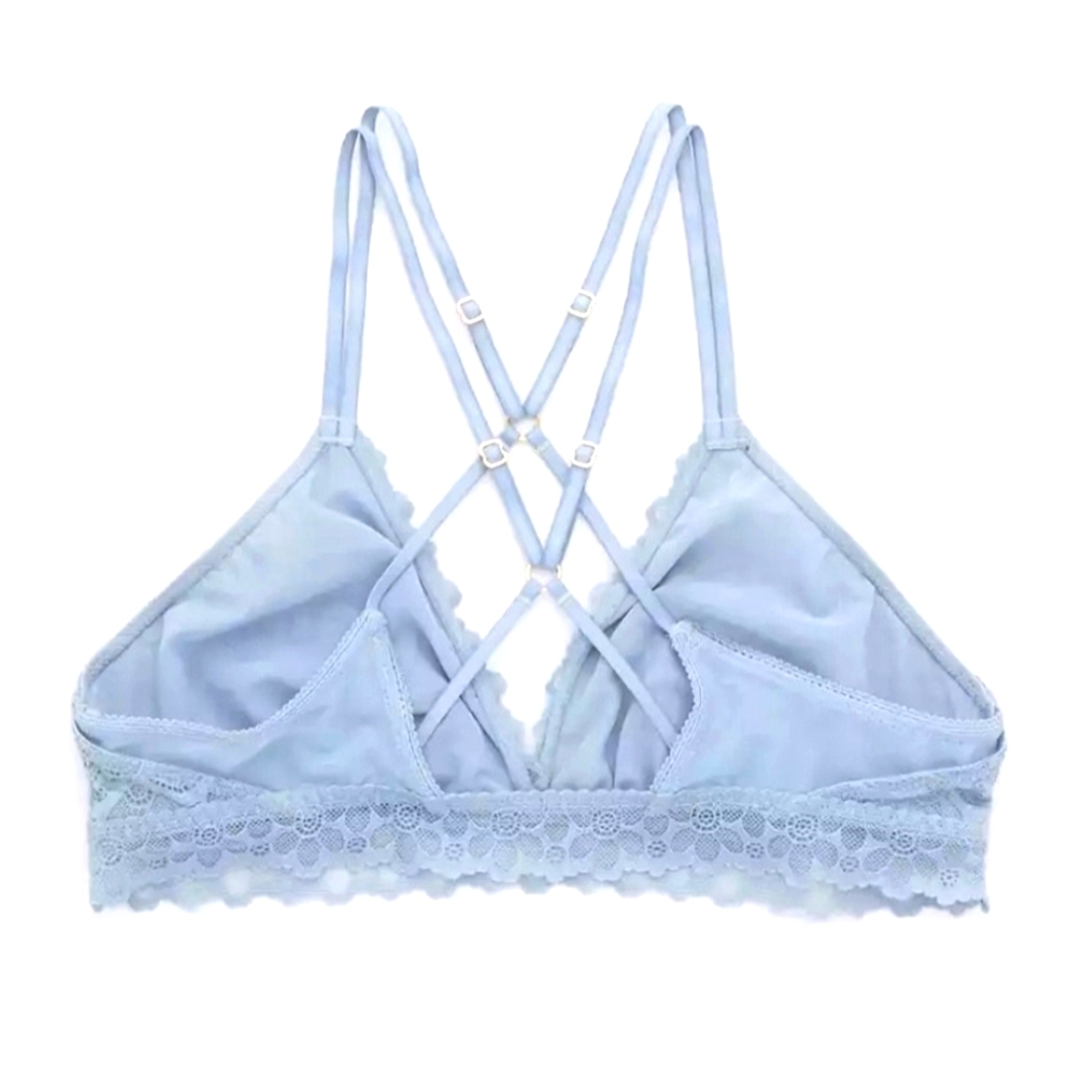 NEW aerie | Triangle 4 Strap Strappy Bralette Lace Floral Plunge Bra Blue Gold M - Picture 5 of 14